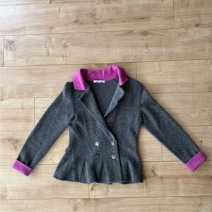 Hadleigh’s Italian Cashmere Peplum Cardigan Gray Pink Trim Double Breasted Small